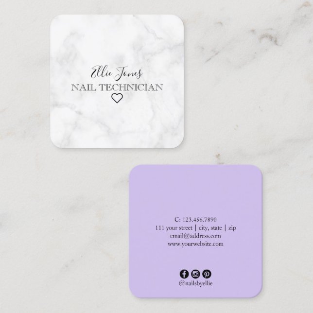 Modern minimal vit marmor och lila nagel fyrkantigt visitkort (Fram/baksida)
