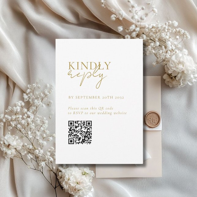 Modern, minimal, vit, QR-kodens Bröllop OSA Tilläggskort (Modern, Minimal, White + Beige + Gold, QR Code Wedding RSVP Enclosure Card)