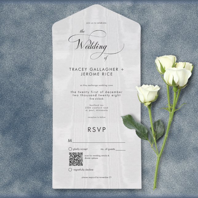 Modern Minimal vit satäng Taffeta QR-kod (Modern Minimal White Satin Taffeta All In One Wedding Invitation with QR Code)