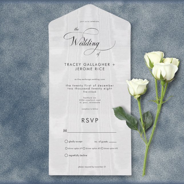 Modern minimal vit satin Taffeta-middag (Modern Minimal White Satin Taffeta All In One Wedding Invitation with Dinner Options)