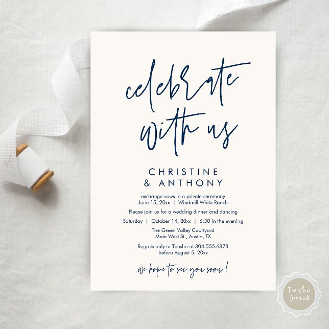 Modern Minimal Wedding Reception Dinner Inbjudningar (Modern Minimal Wedding Reception Dinner Lunch Brunch Invitation Card in Navy Blue and ivory)