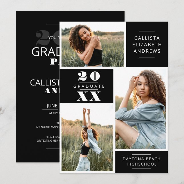 Modern Minimal White Black Photo Grid Studenten Inbjudningar (Fram/baksida)
