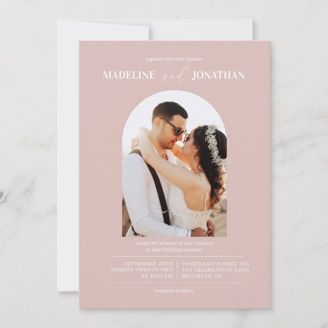 Modern Minimalialist Dusty Rosa Photo Arch Bröllop Inbjudningar (Framsida)