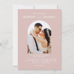 Modern Minimalialist Dusty Rosa Photo Arch Bröllop Inbjudningar