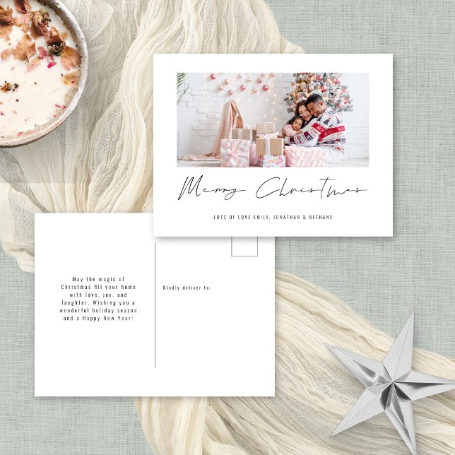 Modern Minimalialist Family Photo God jul Helg Vykort (Frotn and back view. Convenient postcard alternative)