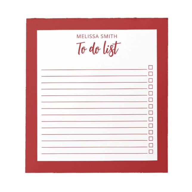 Modern Minimalialist Red to Do List Anteckningsblock (Framsida)