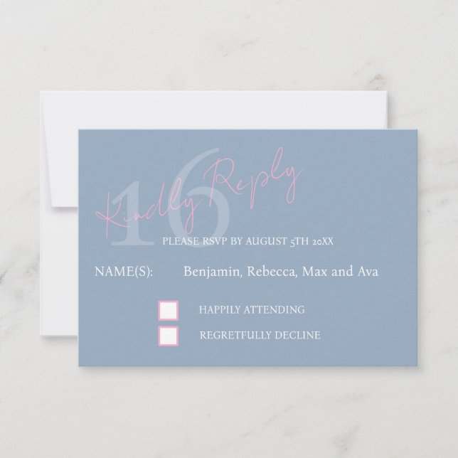 Modern minimalist 16:e RSVP rosa blå respons OSA Kort (Framsida)