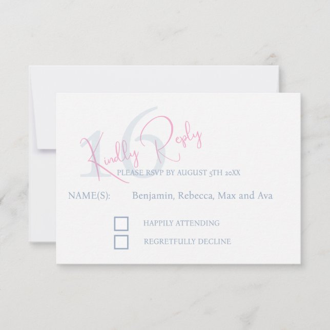 Modern minimalist 16:e RSVP rosa blå svar (Framsida)