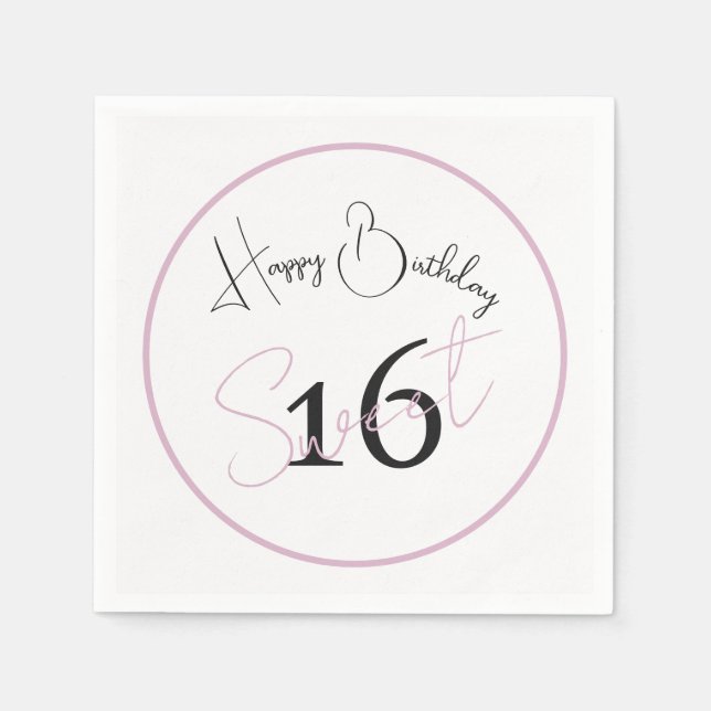 Modern minimalist 16:e vit rosa svart födelsedag pappersservett (Framsidan)