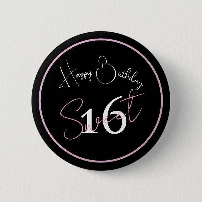 Modern Minimalist 16th Black Pink Birthday Button Knapp (Framsida)
