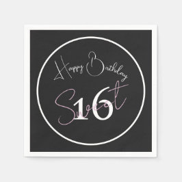 Modern Minimalist 16th Black White Pink Birthday Pappersservett