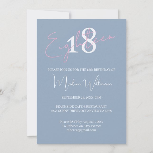 Modern Minimalist 18-års Pink Blå Födelsedag Inbjudningar (Framsida)
