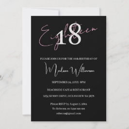 Modern Minimalist 18 Black Pink Birthday  Inbjudningar