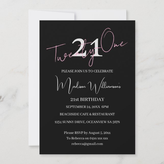 Modern Minimalist 21st Black Pink Birthday  Inbjudningar (Framsida)