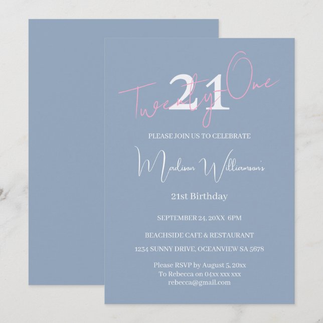 Modern Minimalist 21st Pink Blue Birthday  Inbjudningar (Fram/baksida)