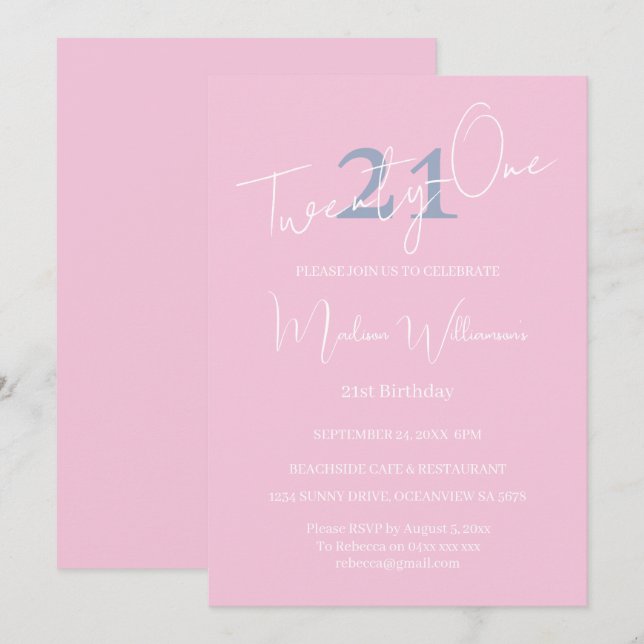 Modern Minimalist 21st Pink Blue Birthday  Inbjudningar (Fram/baksida)