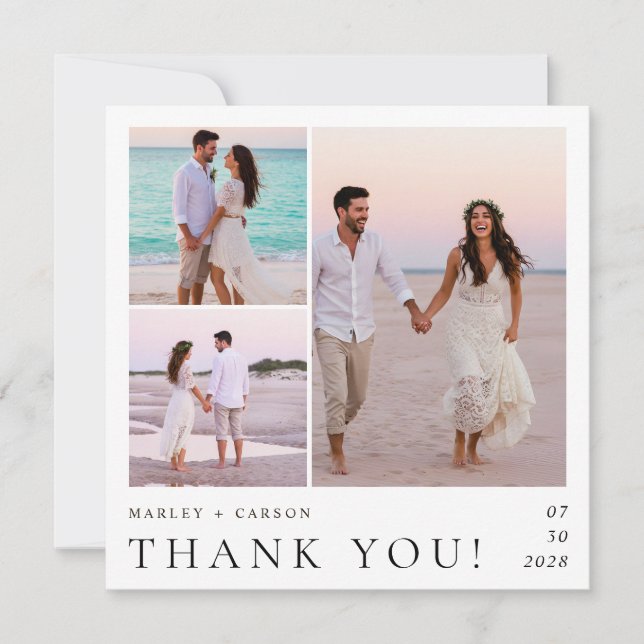 Modern Minimalist 3 Photo Collage Wedding Square Tack Kort (Framsida)