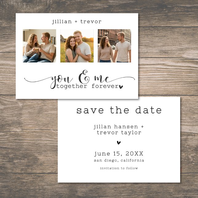Modern Minimalist 3 Photo Script Collage Wedding Spara Datumet (Modern Minimalist 3 Photo Script Collage Wedding Save The Date)