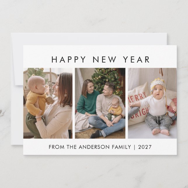 Modern Minimalist 5 Photo Collage New Year Julkort (Framsida)