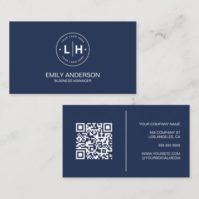 Modern minimalist anpassad logotyp QR marinblå Visitkort (Fram/baksida)