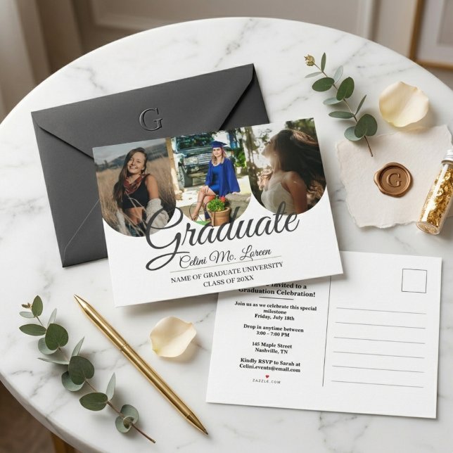 Modern Minimalist Arch Calligraphy Photo Graduatio Inbjudan Vykort (Modern Minimalist Arch Calligraphy 3-Photo Graduation Announcement Postcard)