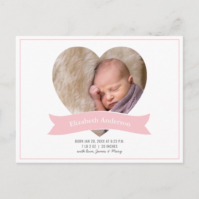 Modern Minimalist Baby Girl Photo Pink Birth Meddelande Vykort (Framsida)