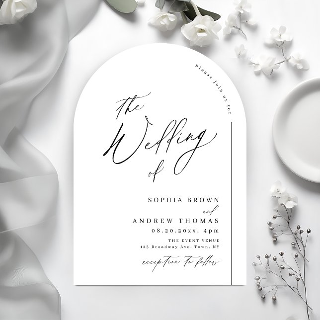 Modern minimalist bågbröllopskrift inbjudningar (Modern script minimalist arch wedding invitation)