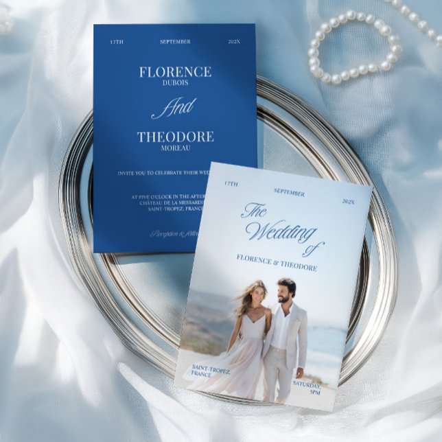 Modern minimalist blå och vit fotobryllop inbjudningar (Modern Minimalist Blue & White Photo Wedding Invitation)