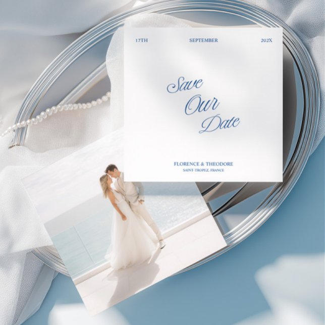 Modern minimalist blå och vit fotografi Spara datu Inbjudningar (Modern Minimalist Blue & White Photo Save the Date )