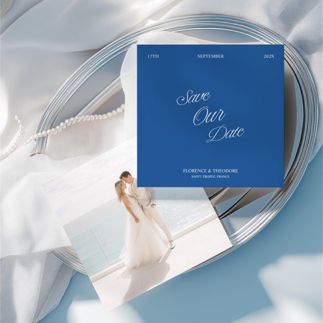 Modern minimalist blå och vit fotografi Spara datu Inbjudningar (Modern Minimalist Blue & White Photo Save the Date )