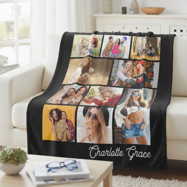 Modern Minimalist Black 10 Photo Collage With Name Fleecefilt (Skapare uppladdad)