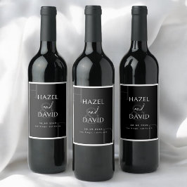 Modern Minimalist Black and White Monogram Wedding Vinflaska Etikett