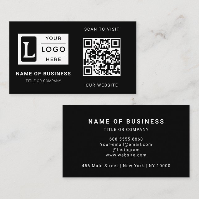 Modern Minimalist Black Custom Logo QR Code Visitkort (Fram/baksida)