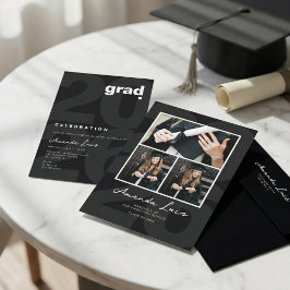 Modern Minimalist Black Graduation Photo Collage Inbjudningar