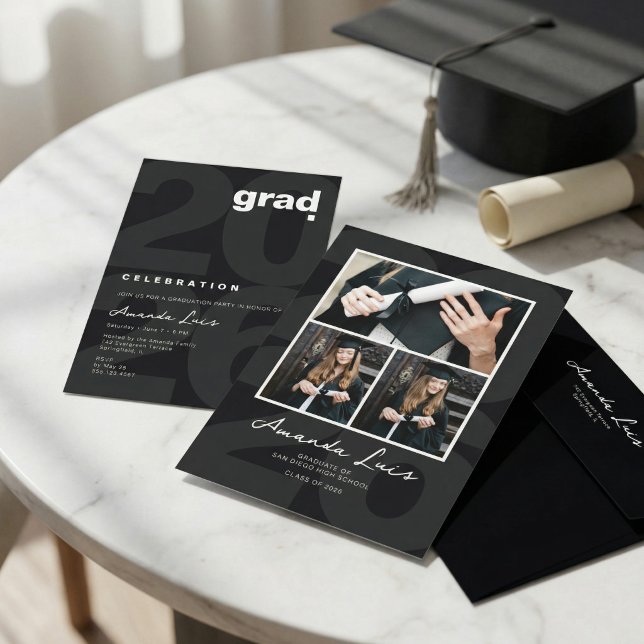 Modern Minimalist Black Graduation Photo Collage   Inbjudningar (Skapare uppladdad)