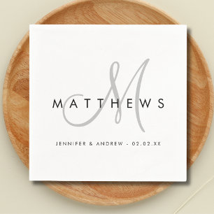 Modern minimalist Black Grått Monogram Bröllop Pappersservett
