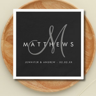 Modern minimalist Black Grått Monogram Bröllop Pappersservett