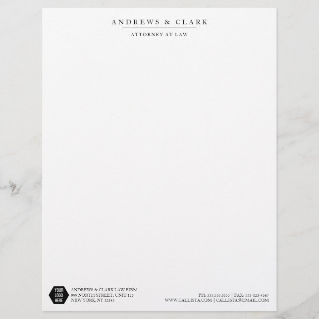Modern minimalist Black White Logotyp Lawyer Brevhuvud (Framsida)