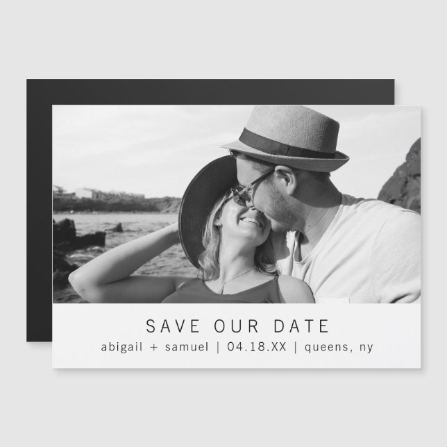 Modern minimalist Black White Photo Save Date Magnetisk Inbjudningskort (Fram/baksida)