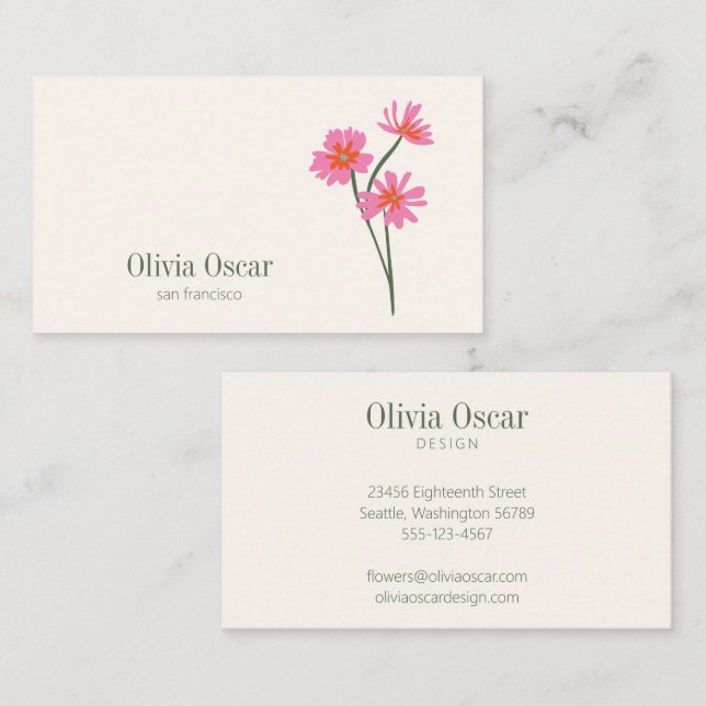 Modern minimalist blommor rosa grön blomster  visitkort (Fram/baksida)