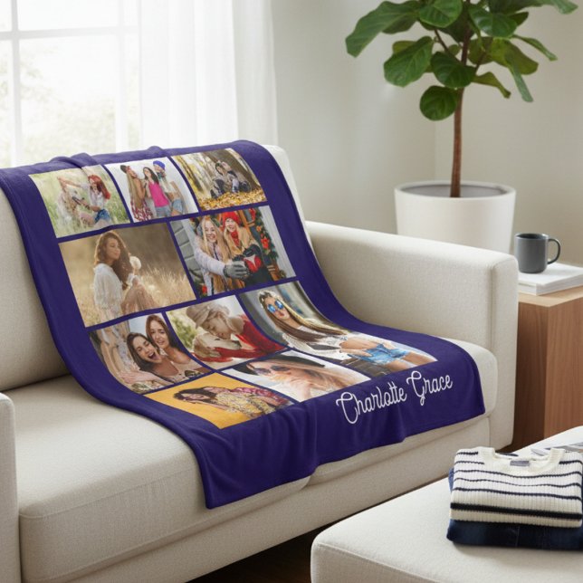 Modern Minimalist Blue 10 Photo Collage With Name Fleecefilt (Skapare uppladdad)