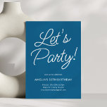 Modern Minimalist Blue Birthday Party Chic Inbjudningar<br><div class="desc">This birthday party invitation features playful script lettering on a blue background for a bold yet elegant look. The flowing typography feels celebratory while staying clean and modern. A versatile design that works beautifully for milestone birthdays,  cocktail parties,  or festive gatherings.</div>