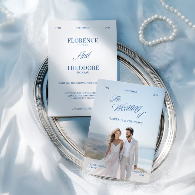 Modern Minimalist Blue & White Photo Wedding Inbjudningar (Modern Minimalist Blue & White Photo Wedding Invitation)