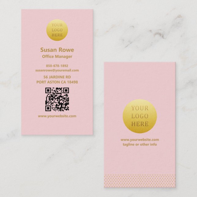 Modern Minimalist Blush Pink and Gold QR Code Visitkort (Fram/baksida)