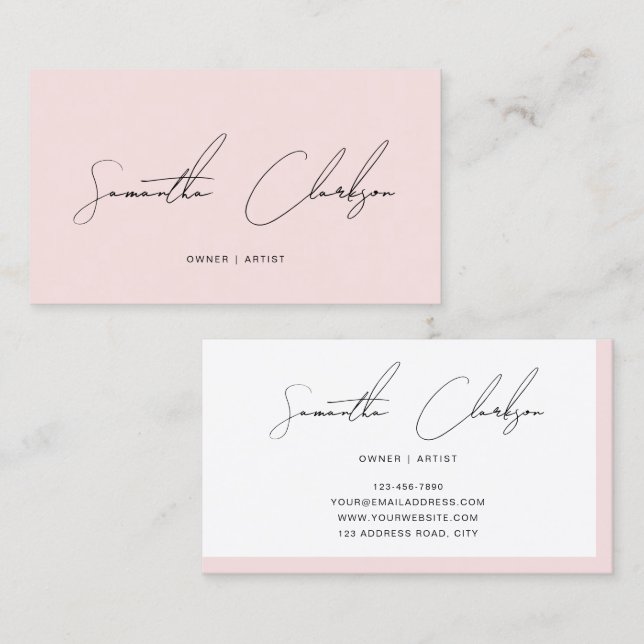 Modern Minimalist Blush Pink Handwritten Script Visitkort (Fram/baksida)
