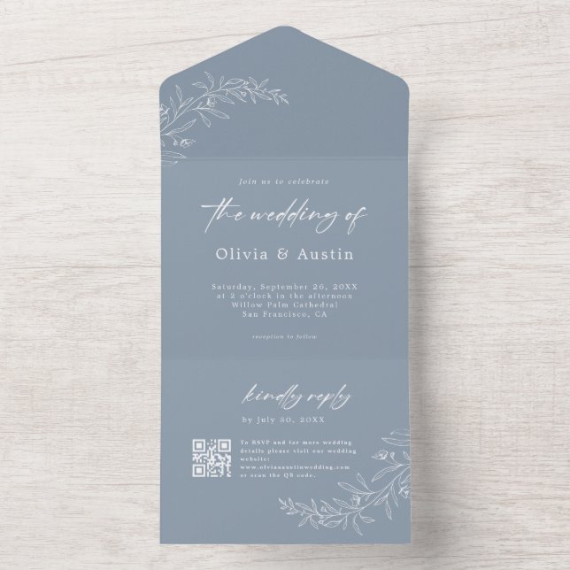 Modern minimalist Boho Dusty Blue QR Code Bröllop (Insida)