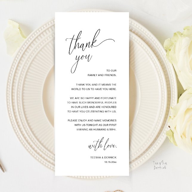 Modern minimalist bröllopsfest tackkort program (Modern Minimalist Wedding Reception Thank You Card in Classy Black and White)