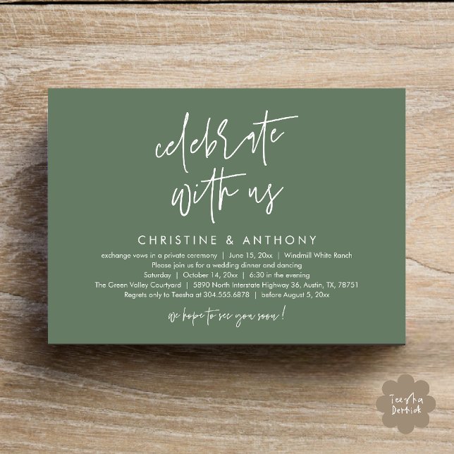 Modern minimalist bröllopsreception middag inbjudningar (Modern Minimalist Wedding Reception Dinner Invitation Card, Celebrate with us, in Sage Green)