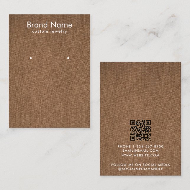 Modern Minimalist Brown Linen Jewelry Display Card Visitkort (Fram/baksida)