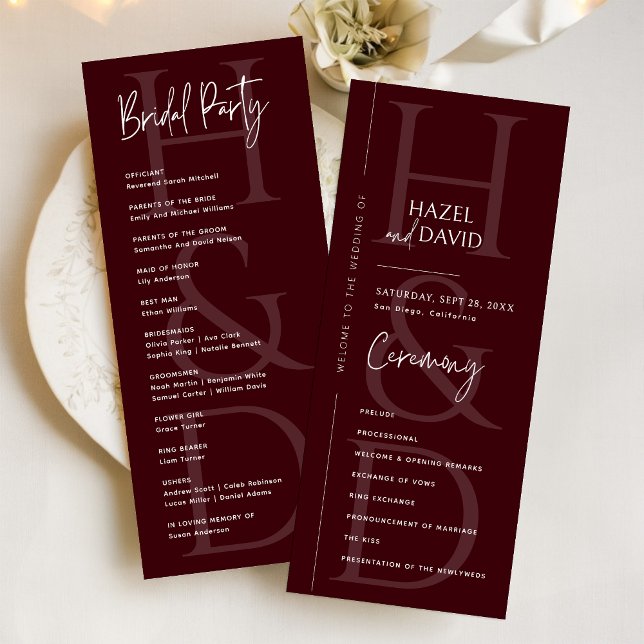 Modern minimalist burgundermonogram bröllop program (Modern minimalist burgundy monogram program adds a rich, elegant touch to your ceremony.)